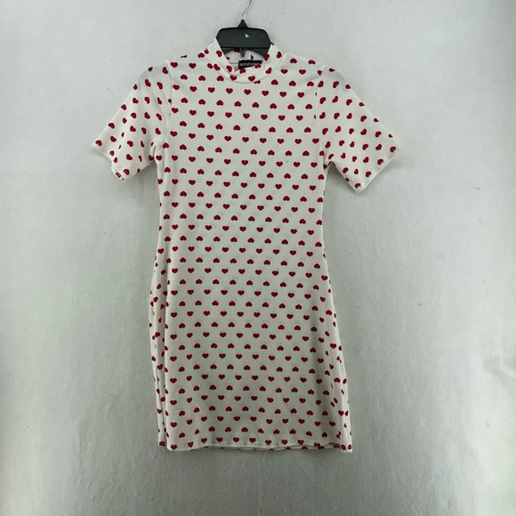 Pretty Little Thing Dress Women's Sz 4 Mini Bodycon White Heart Print High Neck - Picture 1 of 11